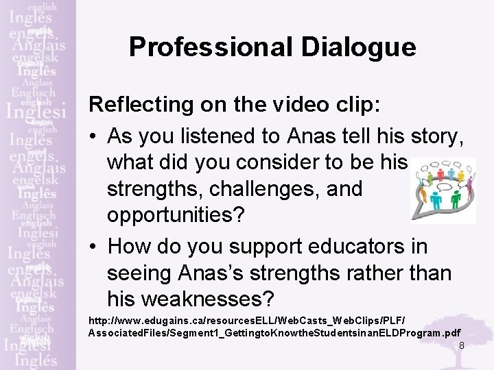 Professional Dialogue Reflecting on the video clip: • As you listened to Anas tell