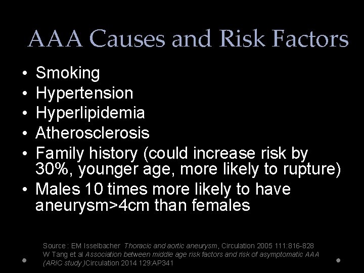 AAA Causes and Risk Factors • • • Smoking Hypertension Hyperlipidemia Atherosclerosis Family history
