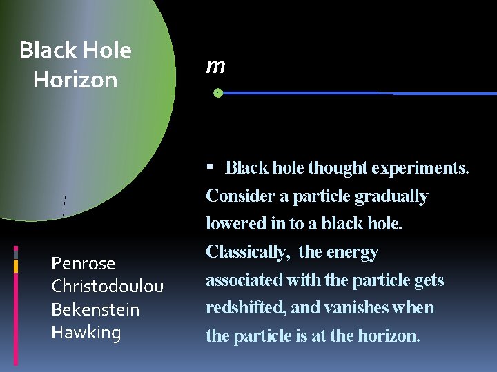 Black Hole Horizon Penrose Christodoulou Bekenstein Hawking m Black hole thought experiments. Consider a