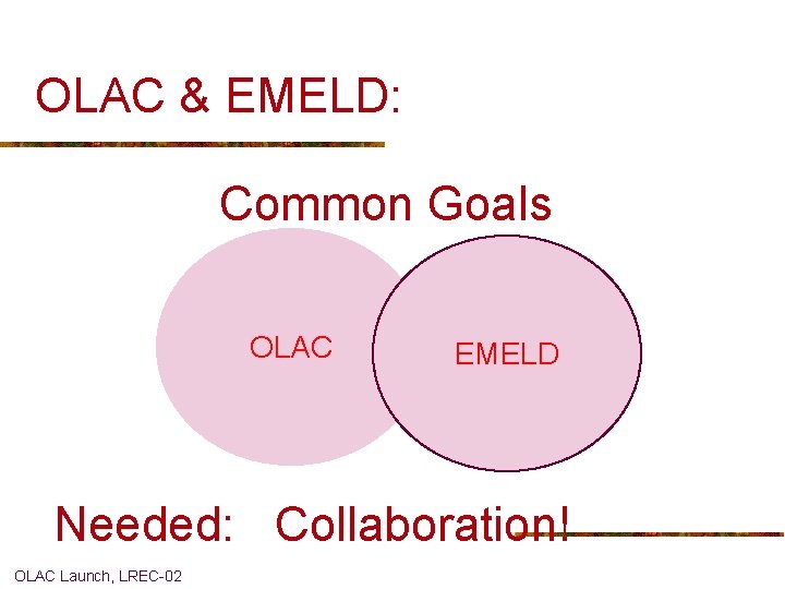 OLAC & EMELD: Common Goals OLAC EMELD Needed: Collaboration! OLAC Launch, LREC-02 