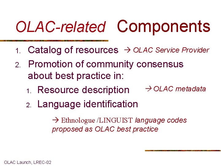 OLAC-related Components 1. 2. Catalog of resources OLAC Service Provider Promotion of community consensus