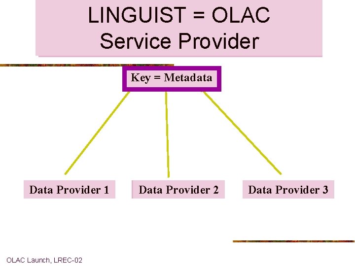 LINGUIST==Gateway OLAC LINGUIST Service Provider to Language Resources Key = Metadata Data Archive Provider