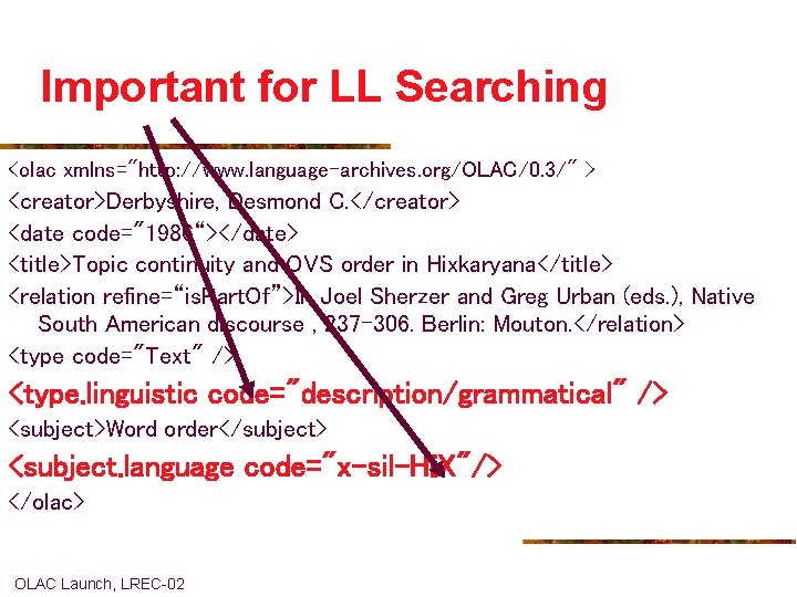 Important for LL Searching <olac xmlns="http: //www. language-archives. org/OLAC/0. 3/" > <creator>Derbyshire, Desmond C.