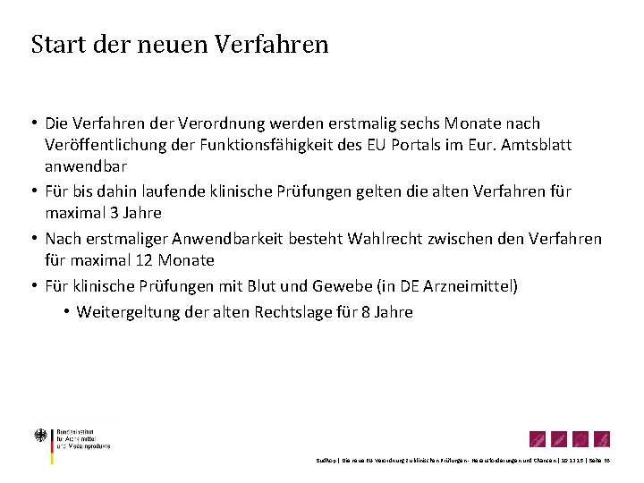 Start der neuen Verfahren • Die Verfahren der Verordnung werden erstmalig sechs Monate nach Start der neuen Verfahren • Die Verfahren der Verordnung werden erstmalig sechs Monate nach