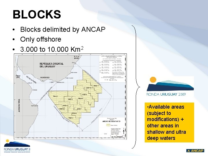 BLOCKS • Blocks delimited by ANCAP • Only offshore • 3. 000 to 10.