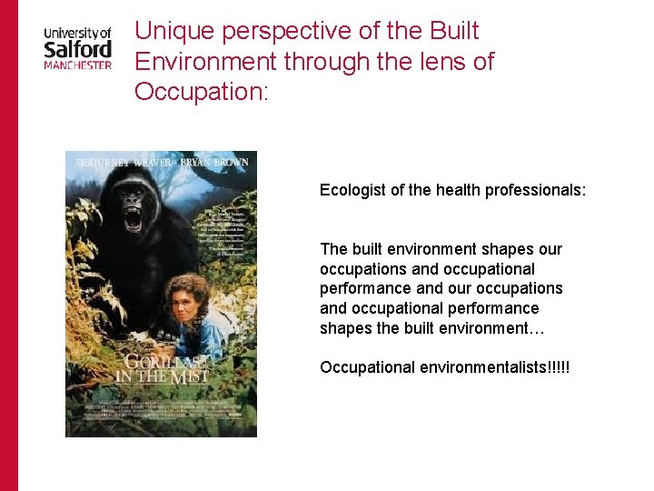 Unique perspective of the Built Environment through the lens of Occupation: Ecologist of the