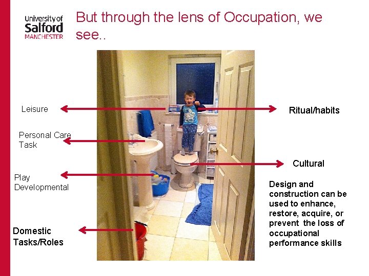 But through the lens of Occupation, we see. . Leisure Ritual/habits Personal Care Task