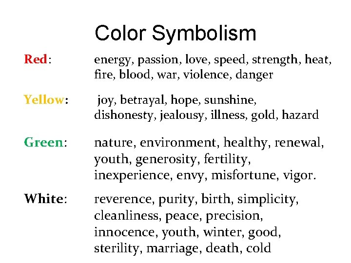 Color Symbolism Red: energy, passion, love, speed, strength, heat, fire, blood, war, violence, danger