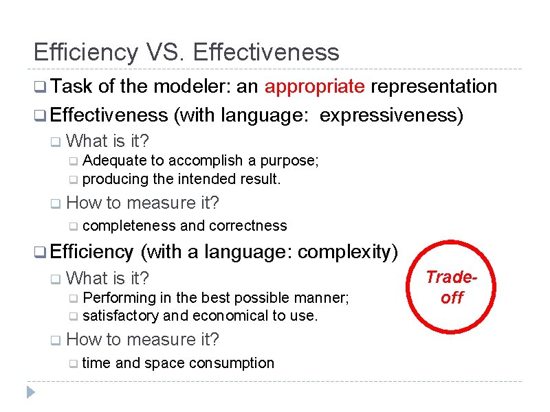 Efficiency VS. Effectiveness q Task of the modeler: an appropriate representation q Effectiveness (with