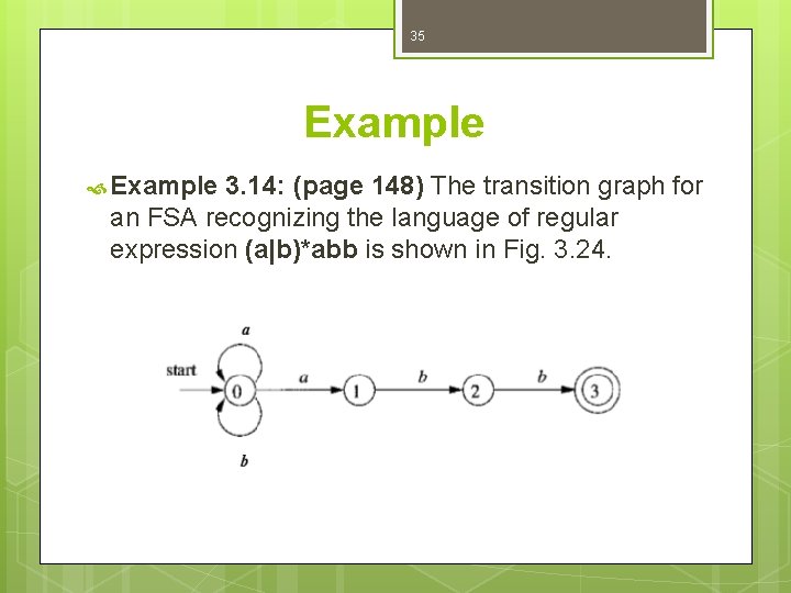 35 Example 3. 14: (page 148) The transition graph for an FSA recognizing the