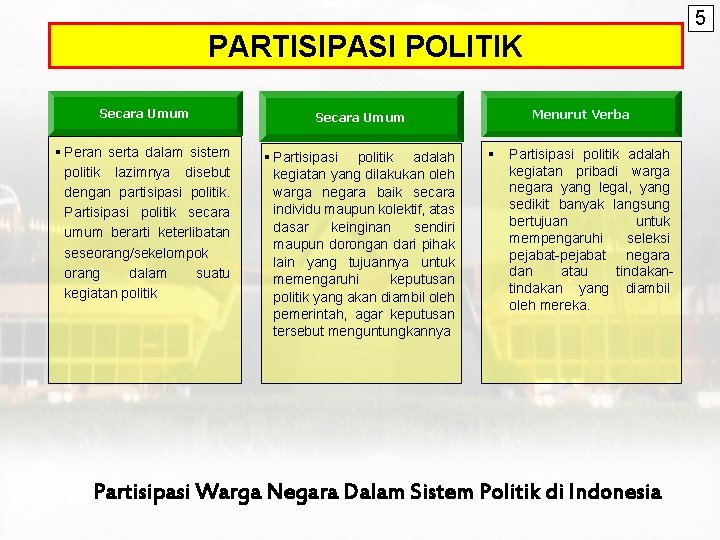 5 PARTISIPASI POLITIK Secara Umum Menurut Verba § Peran serta dalam sistem politik lazimnya