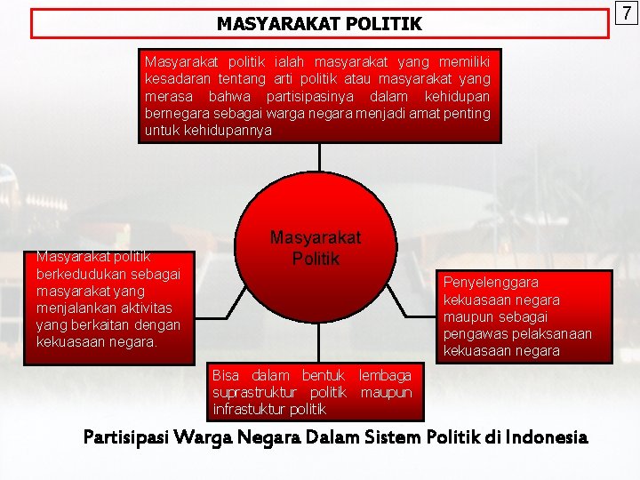 7 MASYARAKAT POLITIK Masyarakat politik ialah masyarakat yang memiliki kesadaran tentang arti politik atau