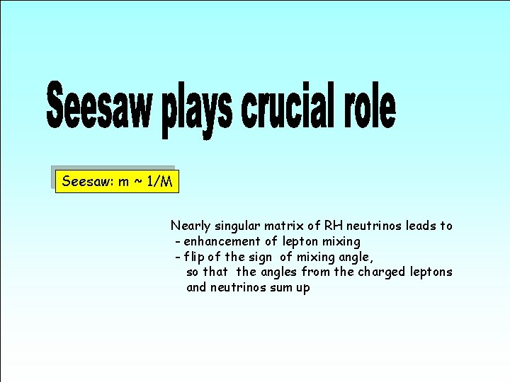 Seesaw: m ~ 1/M Nearly singular matrix of RH neutrinos leads to - enhancement