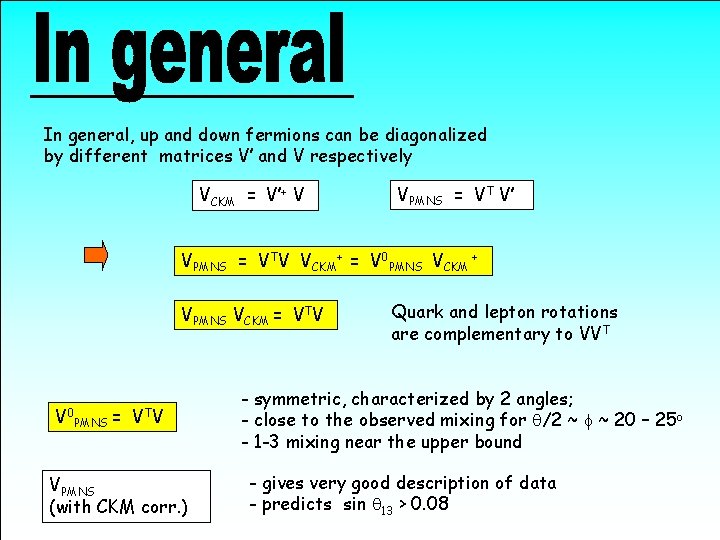 In general, up and down fermions can be diagonalized by different matrices V’ and