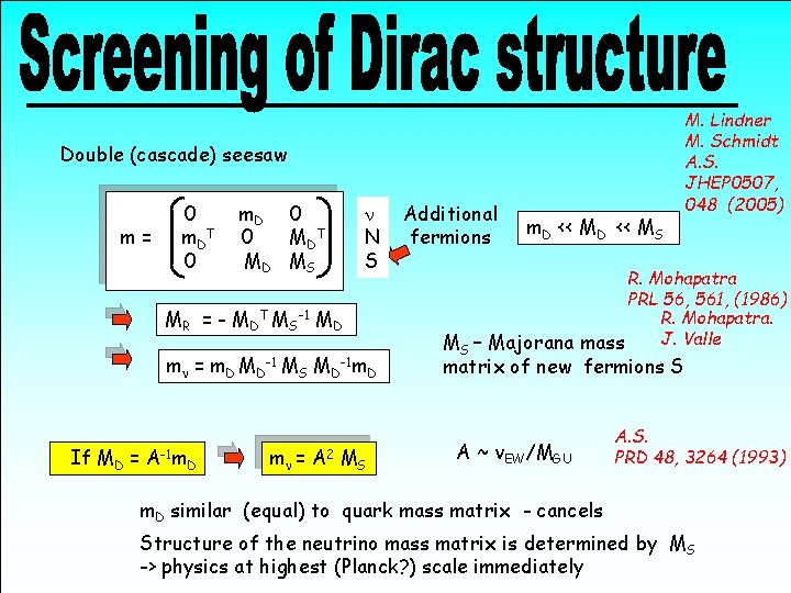 Double (cascade) seesaw m= 0 m. D T 0 m. D 0 0 M