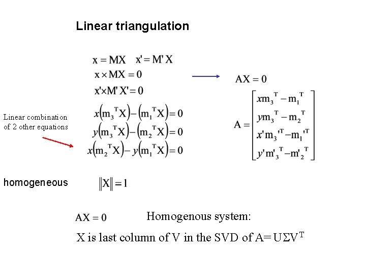 Linear triangulation Linear combination of 2 other equations homogeneous Homogenous system: X is last