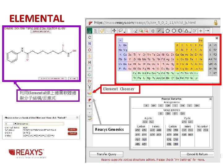 ELEMENTAL 利用Elemental線上繪圖軟體繪 製分子結構/反應式 Element Chooser Reaxys Generics 50 ELEMENTAL 利用Elemental線上繪圖軟體繪 製分子結構/反應式 Element Chooser Reaxys Generics 50