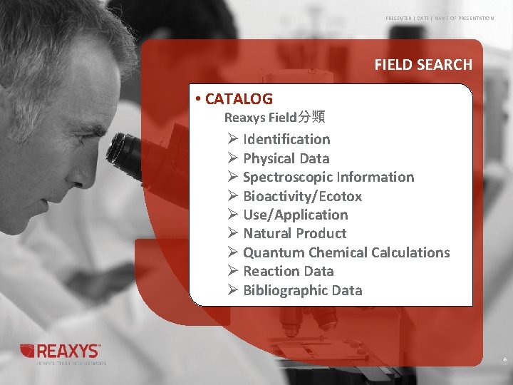 PRESENTER | DATE | NAME OF PRESENTATION FIELD SEARCH • CATALOG Reaxys Field分類 Ø PRESENTER | DATE | NAME OF PRESENTATION FIELD SEARCH • CATALOG Reaxys Field分類 Ø