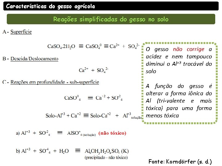 Características do gesso agrícola Reações simplificadas do gesso no solo O gesso não corrige