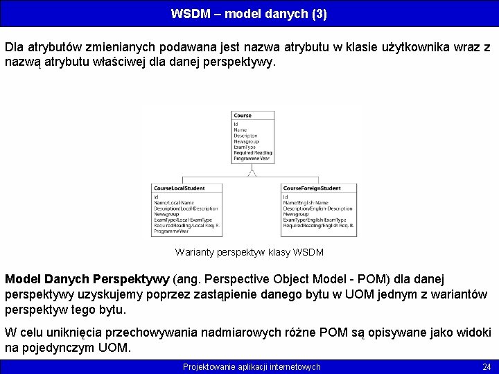 WSDM – model danych (3) Dla atrybutów zmienianych podawana jest nazwa atrybutu w klasie