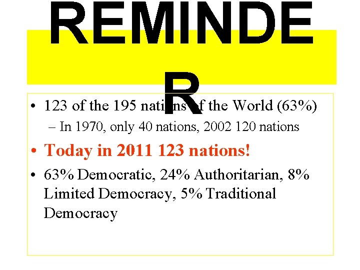 REMINDE R • 123 of the 195 nations of the World (63%) – In