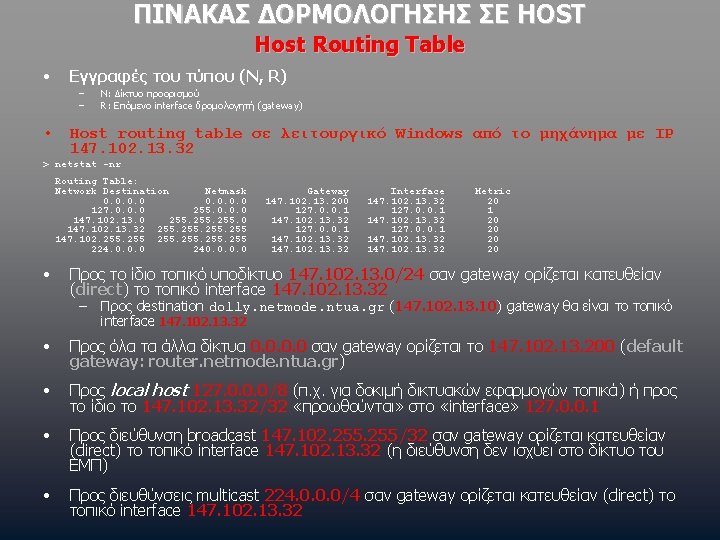 ΠΙΝΑΚΑΣ ΔΟΡΜΟΛΟΓΗΣΗΣ ΣΕ HOST Host Routing Table • Εγγραφές του τύπου (N, R) –