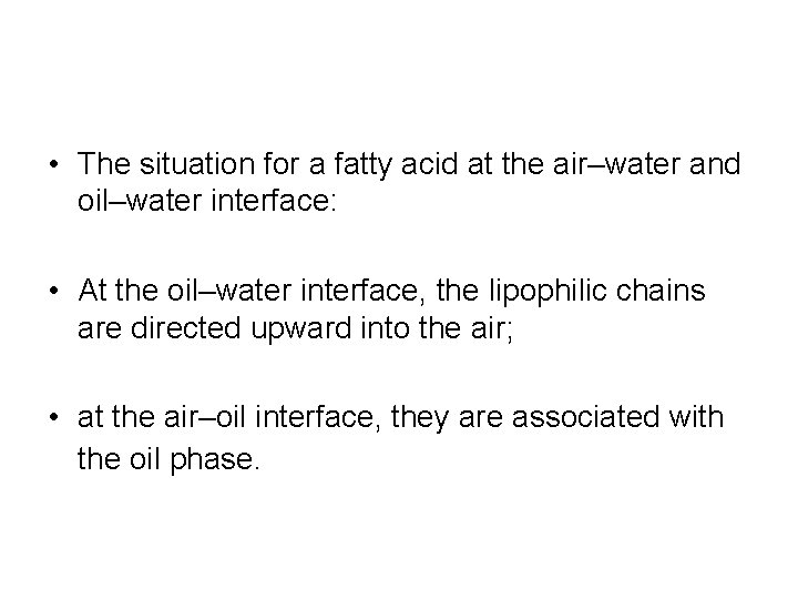 • The situation for a fatty acid at the air–water and oil–water interface: • The situation for a fatty acid at the air–water and oil–water interface: