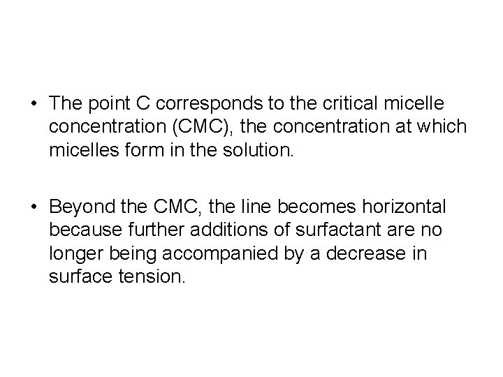 • The point C corresponds to the critical micelle concentration (CMC), the concentration • The point C corresponds to the critical micelle concentration (CMC), the concentration