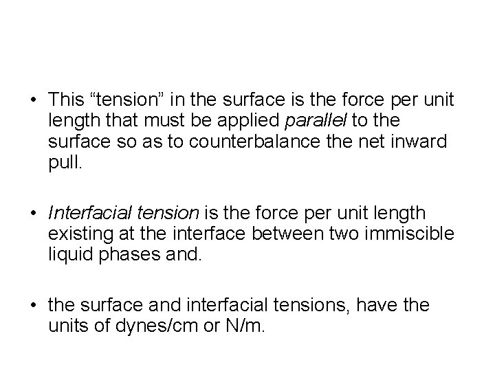 • This “tension” in the surface is the force per unit length that • This “tension” in the surface is the force per unit length that