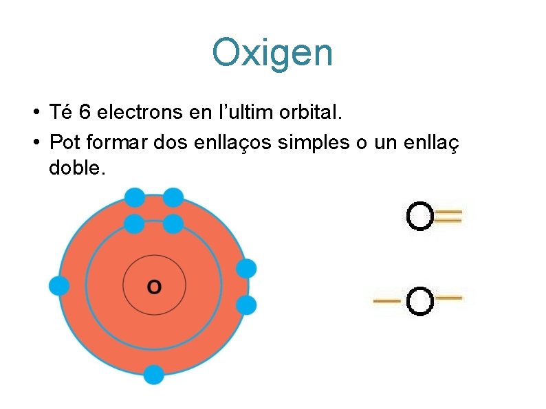 Oxigen • Té 6 electrons en l’ultim orbital. • Pot formar dos enllaços simples Oxigen • Té 6 electrons en l’ultim orbital. • Pot formar dos enllaços simples