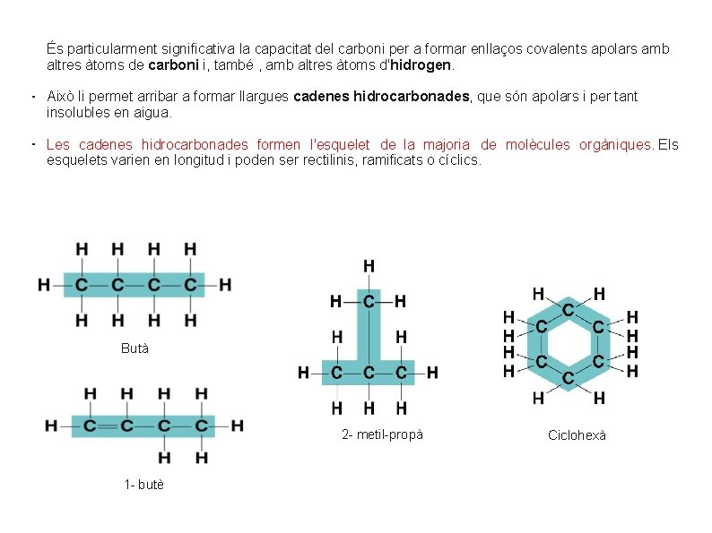És particularment significativa la capacitat del carboni per a formar enllaços covalents apolars amb És particularment significativa la capacitat del carboni per a formar enllaços covalents apolars amb