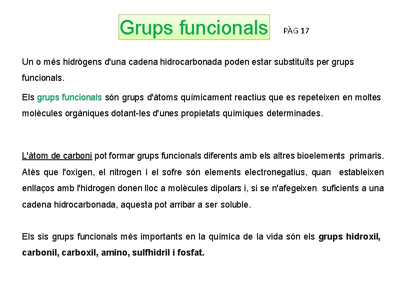 Grups funcionals PÀG 17 Un o més hidrògens d'una cadena hidrocarbonada poden estar substituïts Grups funcionals PÀG 17 Un o més hidrògens d'una cadena hidrocarbonada poden estar substituïts