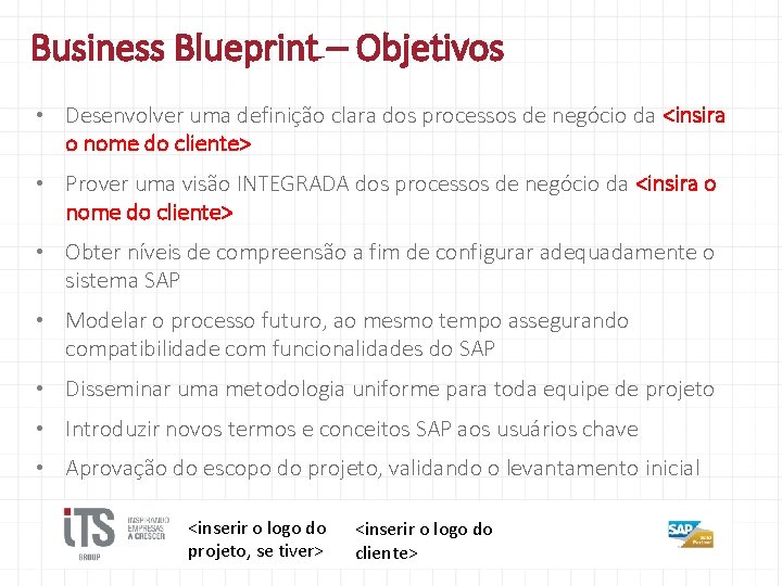 Business Blueprint – Objetivos • Desenvolver uma definição clara dos processos de negócio da