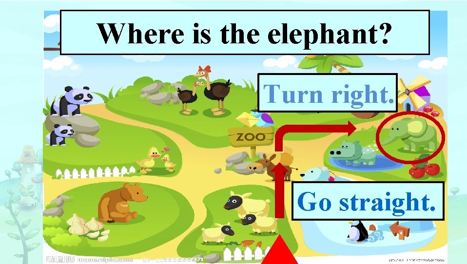 Where is the elephant? Turn right. Go straight. 