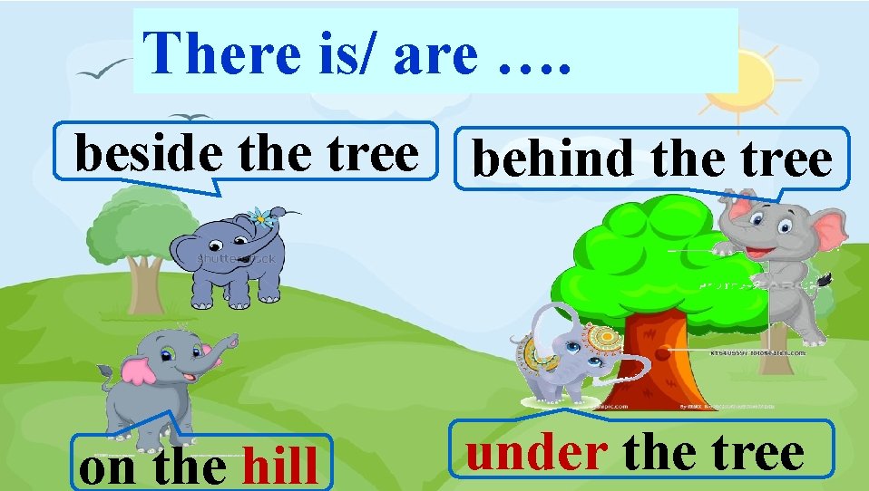 There is/ are …. beside the tree behind the tree on the hill under