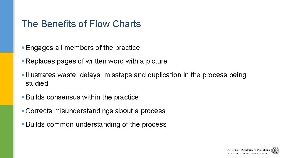 The Benefits of Flow Charts § Engages all members of the practice § Replaces