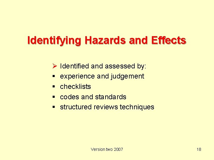 Identifying Hazards and Effects Ø Identified and assessed by: experience and judgement checklists codes