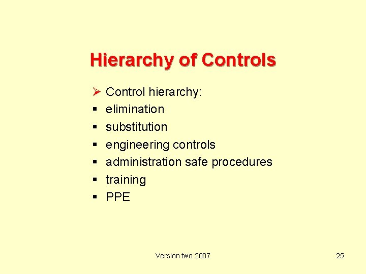 Hierarchy of Controls Ø Control hierarchy: elimination substitution engineering controls administration safe procedures training