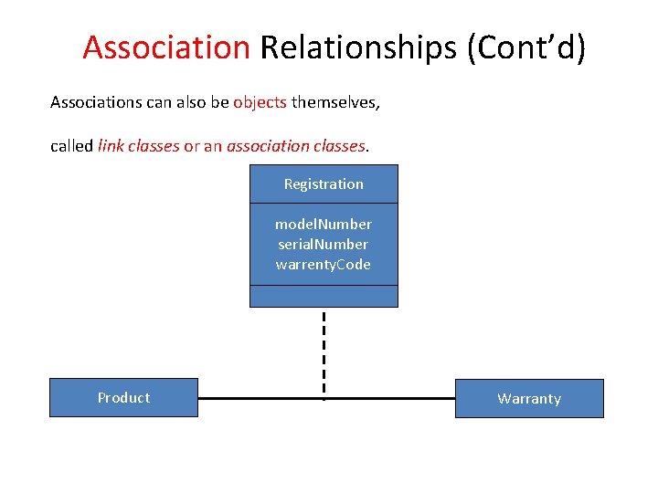 Association Relationships (Cont’d) Associations can also be objects themselves, called link classes or an Association Relationships (Cont’d) Associations can also be objects themselves, called link classes or an