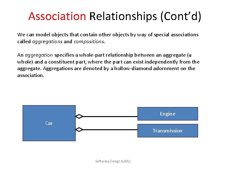 Association Relationships (Cont’d) We can model objects that contain other objects by way of Association Relationships (Cont’d) We can model objects that contain other objects by way of