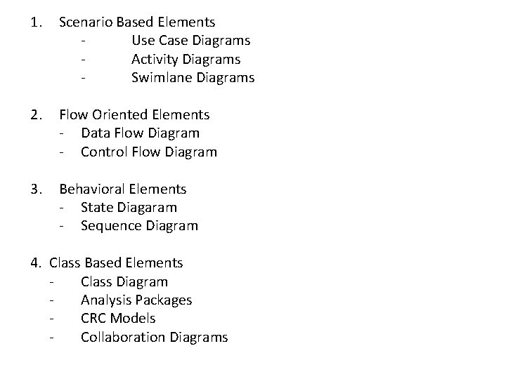 1. Scenario Based Elements Use Case Diagrams Activity Diagrams Swimlane Diagrams 2. Flow Oriented 1. Scenario Based Elements Use Case Diagrams Activity Diagrams Swimlane Diagrams 2. Flow Oriented