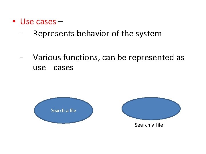 • Use cases – - Represents behavior of the system - Various functions, • Use cases – - Represents behavior of the system - Various functions,