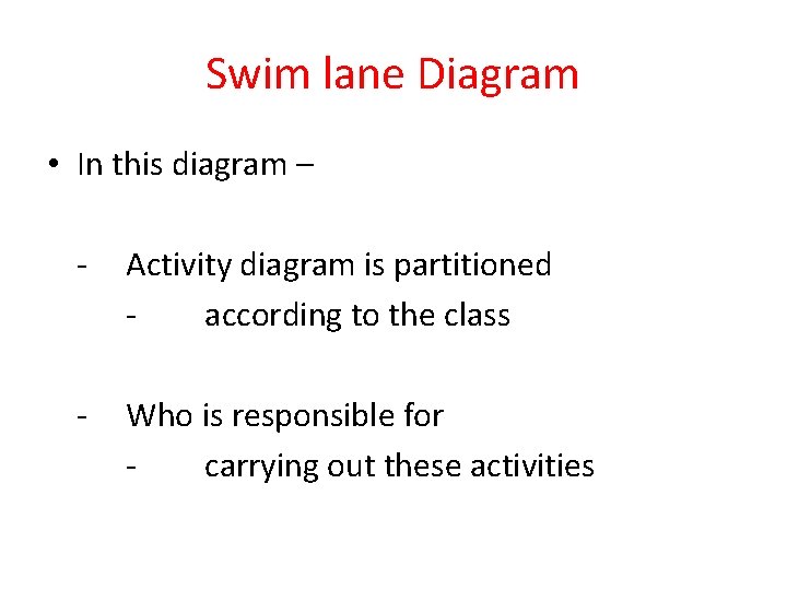 Swim lane Diagram • In this diagram – - Activity diagram is partitioned according Swim lane Diagram • In this diagram – - Activity diagram is partitioned according
