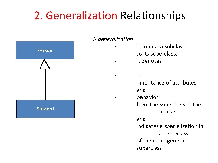 2. Generalization Relationships Person A generalization connects a subclass to its superclass. It denotes 2. Generalization Relationships Person A generalization connects a subclass to its superclass. It denotes
