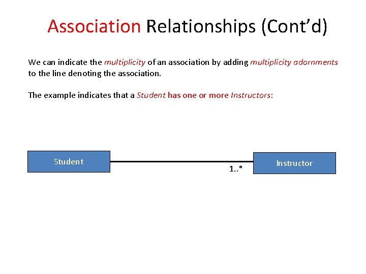 Association Relationships (Cont’d) We can indicate the multiplicity of an association by adding multiplicity Association Relationships (Cont’d) We can indicate the multiplicity of an association by adding multiplicity