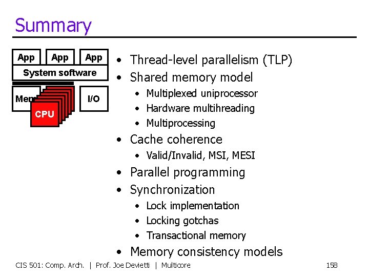 Summary App App System software Mem CPU CPU CPU I/O • Thread-level parallelism (TLP)