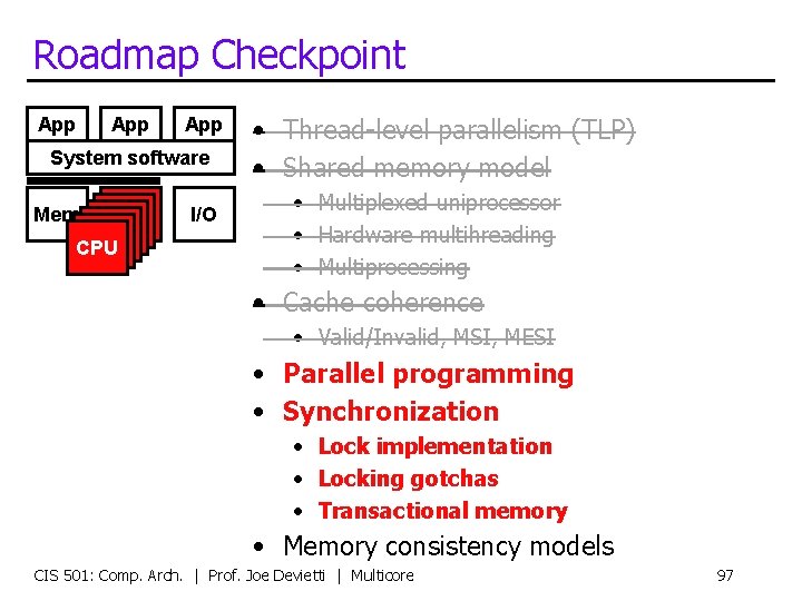 Roadmap Checkpoint App App System software Mem CPU CPU CPU I/O • Thread-level parallelism