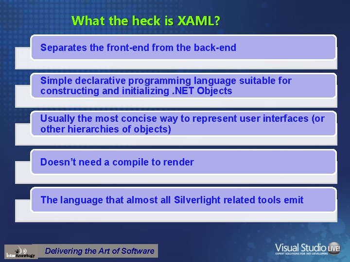 What the heck is XAML? Separates the front-end from the back-end Simple declarative programming