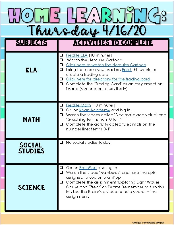 Thursday 4/16/20 Subjects ELA Math Social Studies Science Activities to Complete Freckle ELA (10