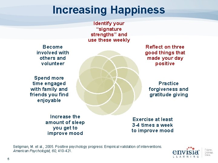 Increasing Happiness Identify your “signature strengths” and use these weekly Become involved with others